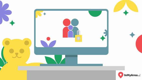 An illustration of a computer screen with a family and a lock to promote the safety of parental controls.