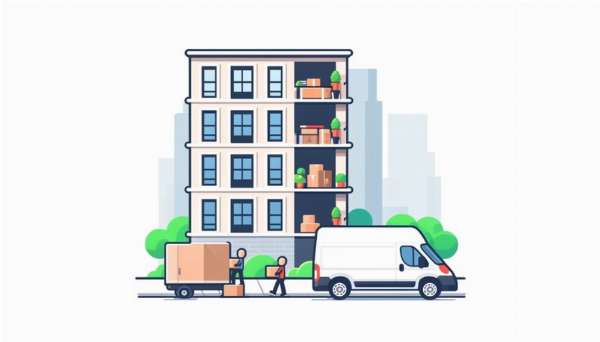 Illustration of apartment building with movers 