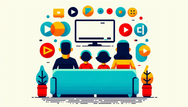 A family sitting on a couch together, streaming a TV show.