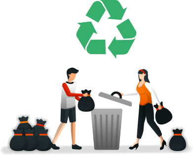 graphic of people tossing trash bags into a can below a recycling symbol