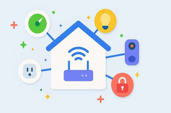 Illustration of a smart home router connecting to devices like lights, a camera, an outlet, and a lock.