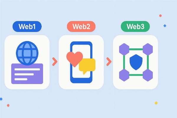 An illustration of the progression from Web1 to Web3: static pages, social mobile apps, to a decentralized, secure network.