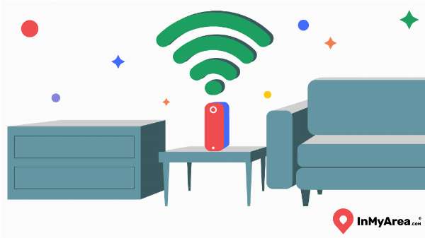 Illustration of a router on a table by furniture and a Wi-Fi signal logo above it.