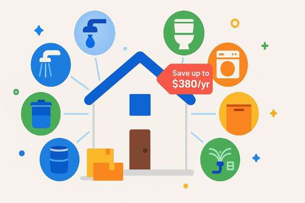 Illustration of a house with icons for water-saving fixtures and label: Save up to $380 per year.