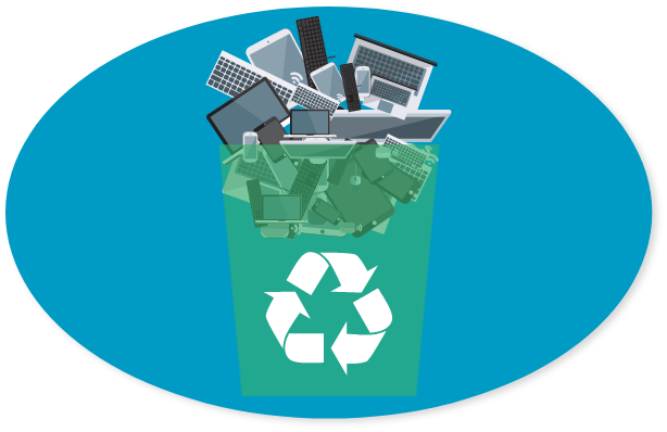 graphic of a recycling bin filled with electronics
